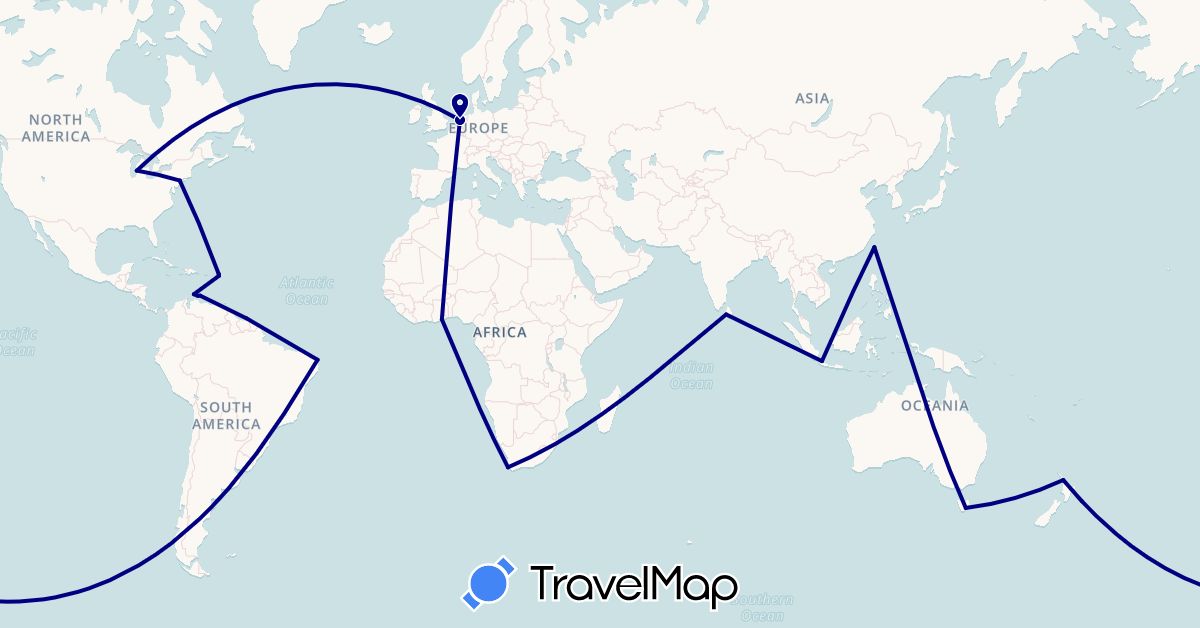 TravelMap itinerary: driving in Australia, Brazil, Ghana, Indonesia, Sri Lanka, Netherlands, New Zealand, Suriname, Taiwan, United States, South Africa (Africa, Asia, Europe, North America, Oceania, South America)